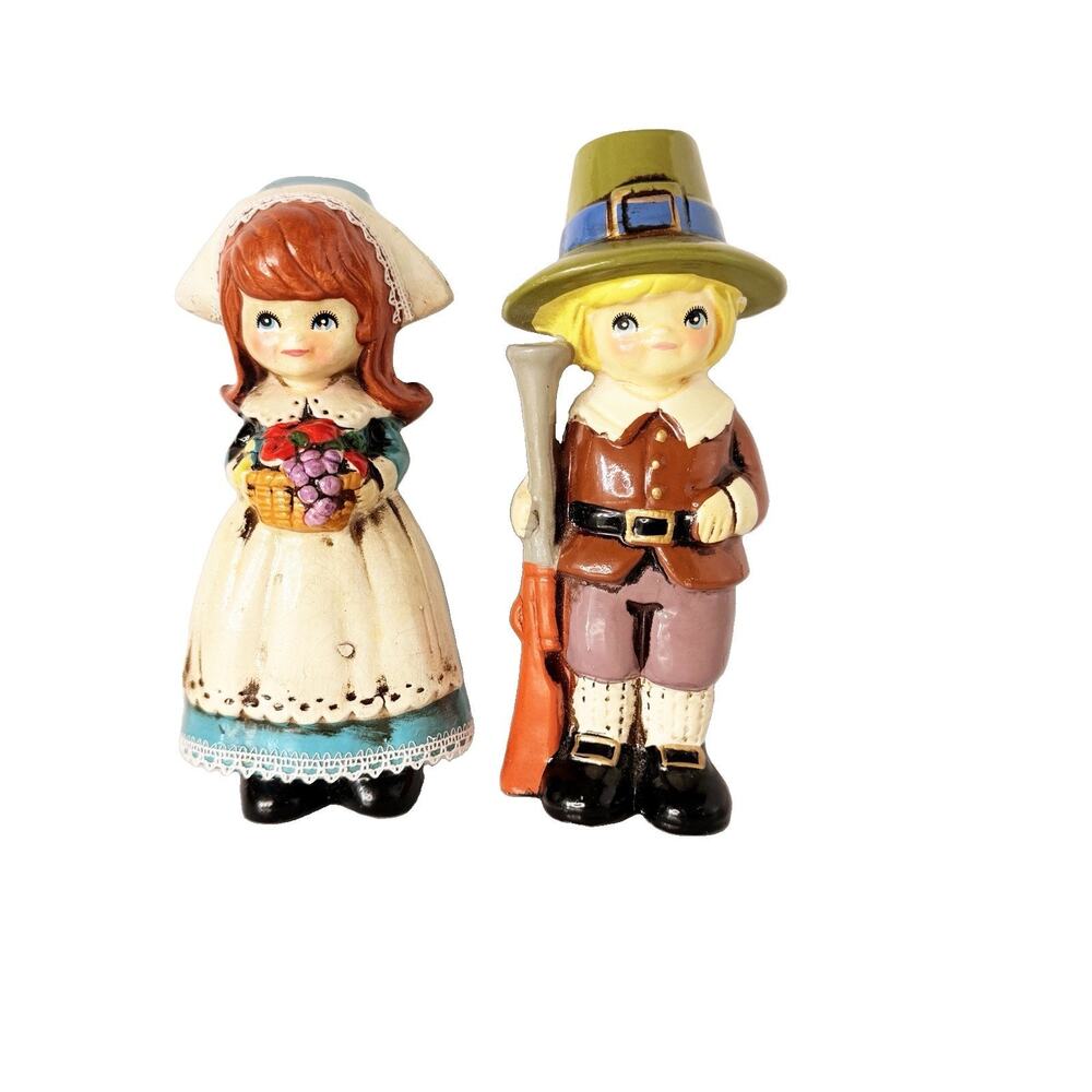 Vtg Napcoware Pilgrim Figurines Set of 2 Girl and Boy #8228 Blonde Red 1970s